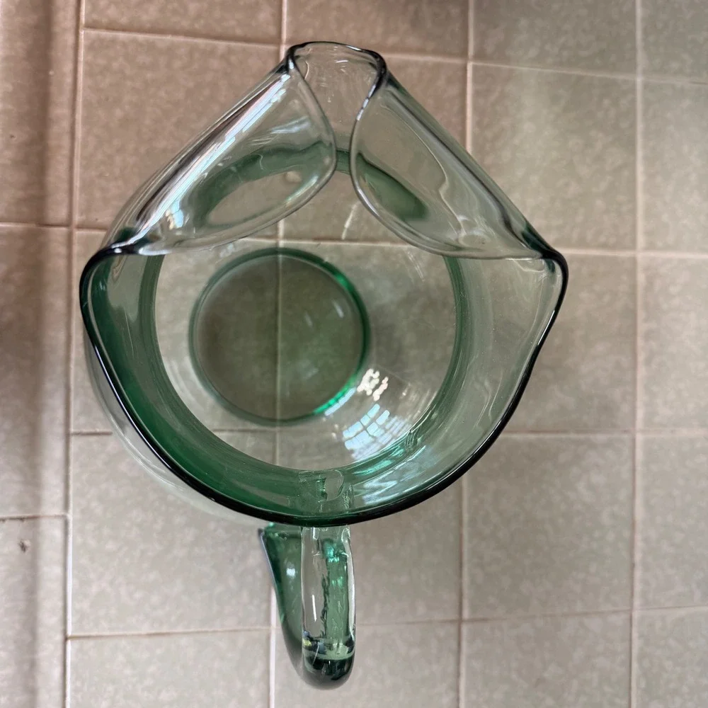 Vintage Sage Green Glass Pitcher Round Hand Blown Water Carafe with Handle 9